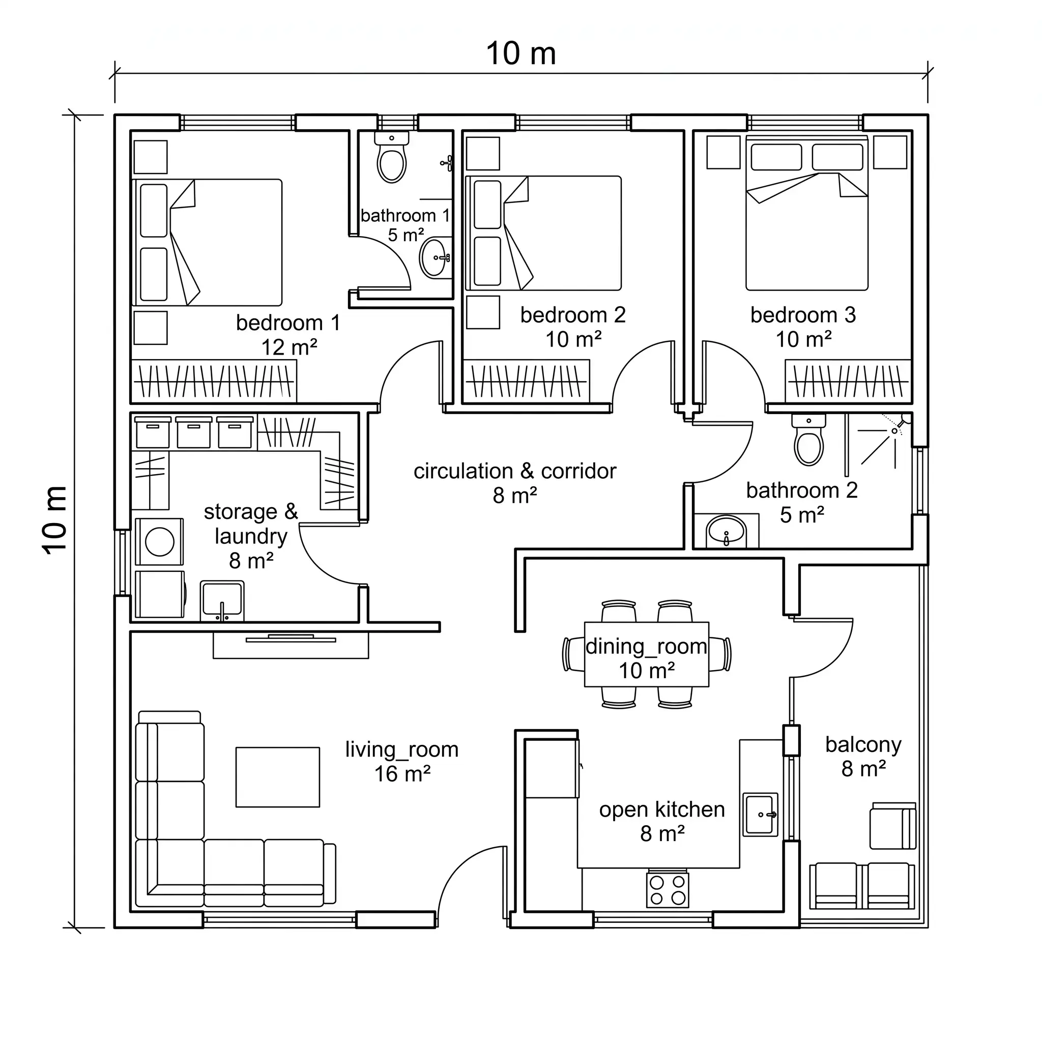 10x10m floor plan after Merging Room Areas