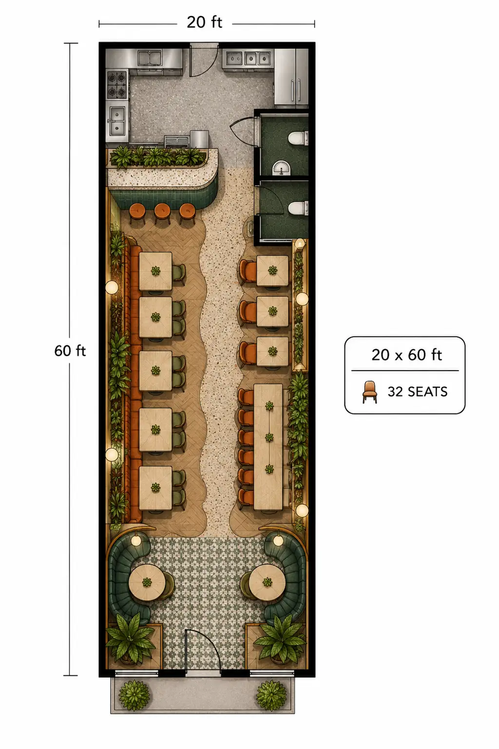 20x60ft Long & Narrow Restaurant Layout