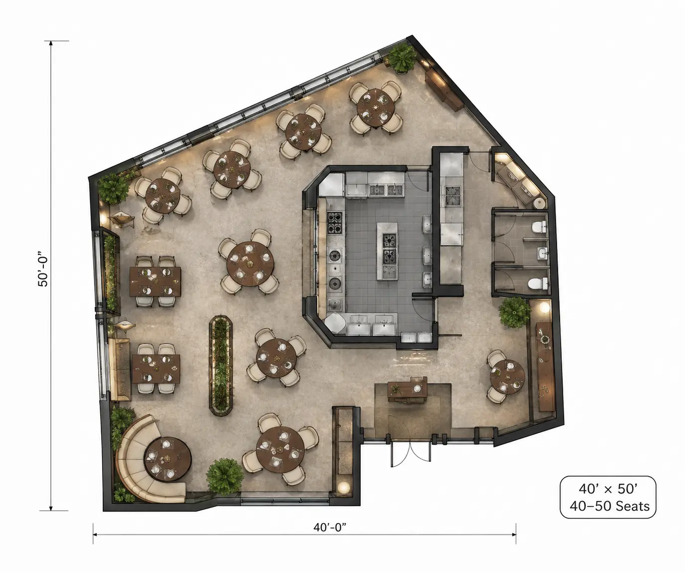 40x50ft Fine Dining Restaurant Layout