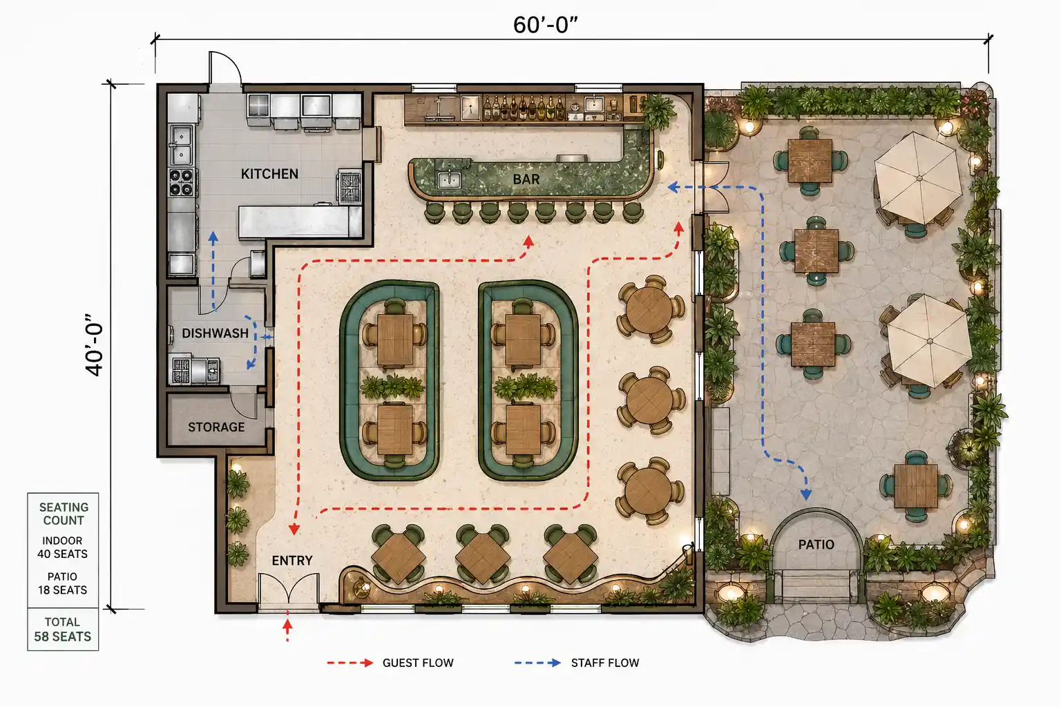 40x60ft Indoor & Outdoor Restaurant Layout