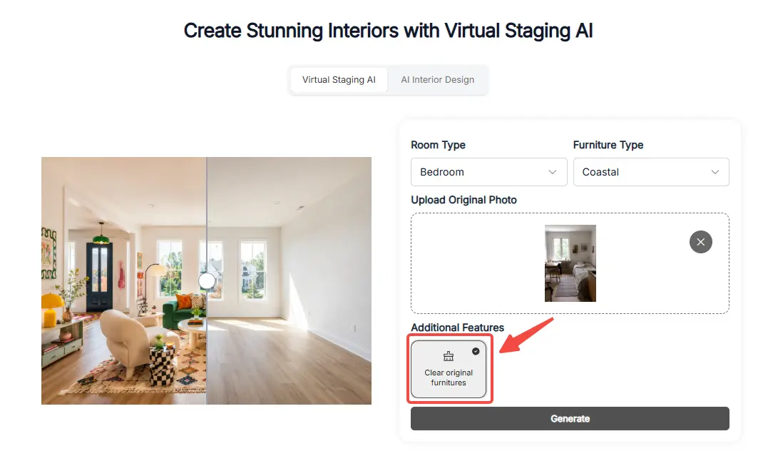 The function to remove existing furniture in AI tools for virtual staging