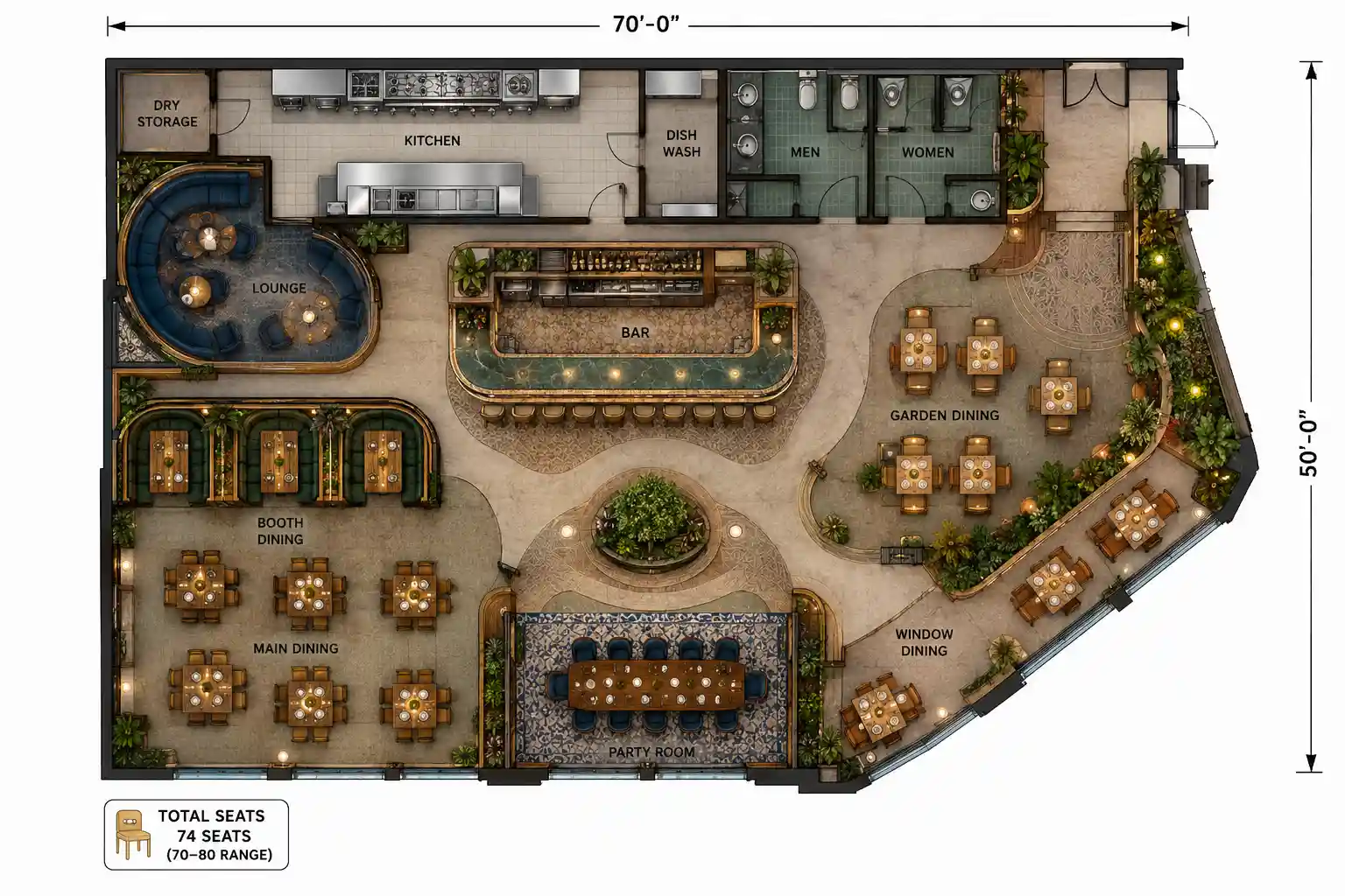 50x70ft Large Restaurant Layout