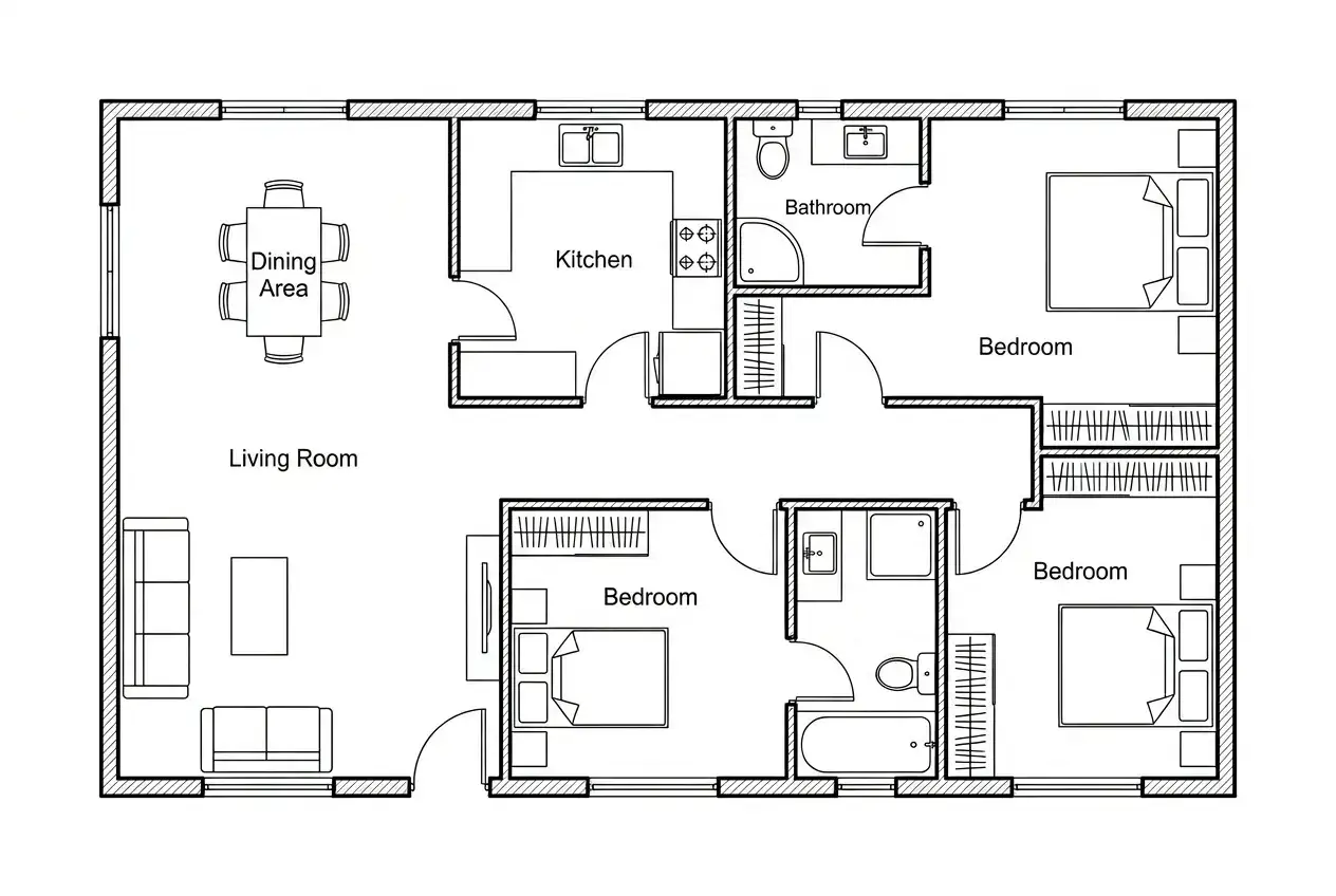 2D Floor Plan with walls, doors, and windows