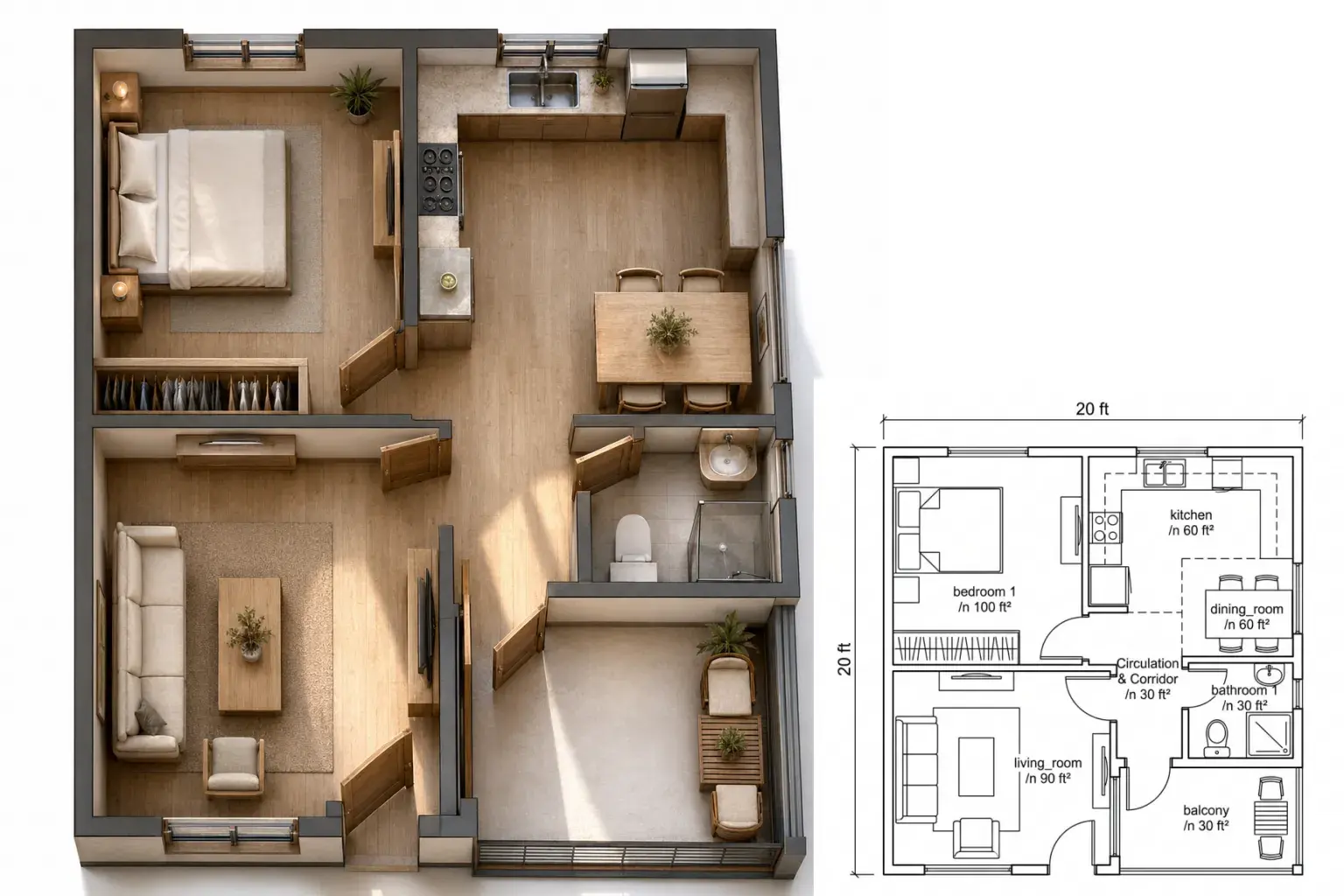 japandi Style top view Studio Apartment