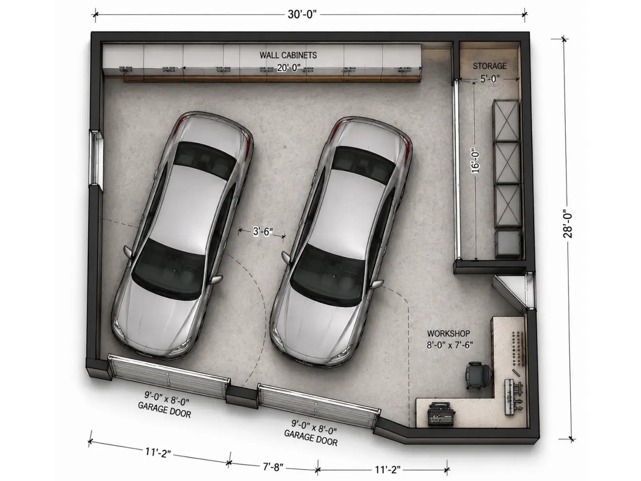 Angled Garage 2.5D Floor Plan