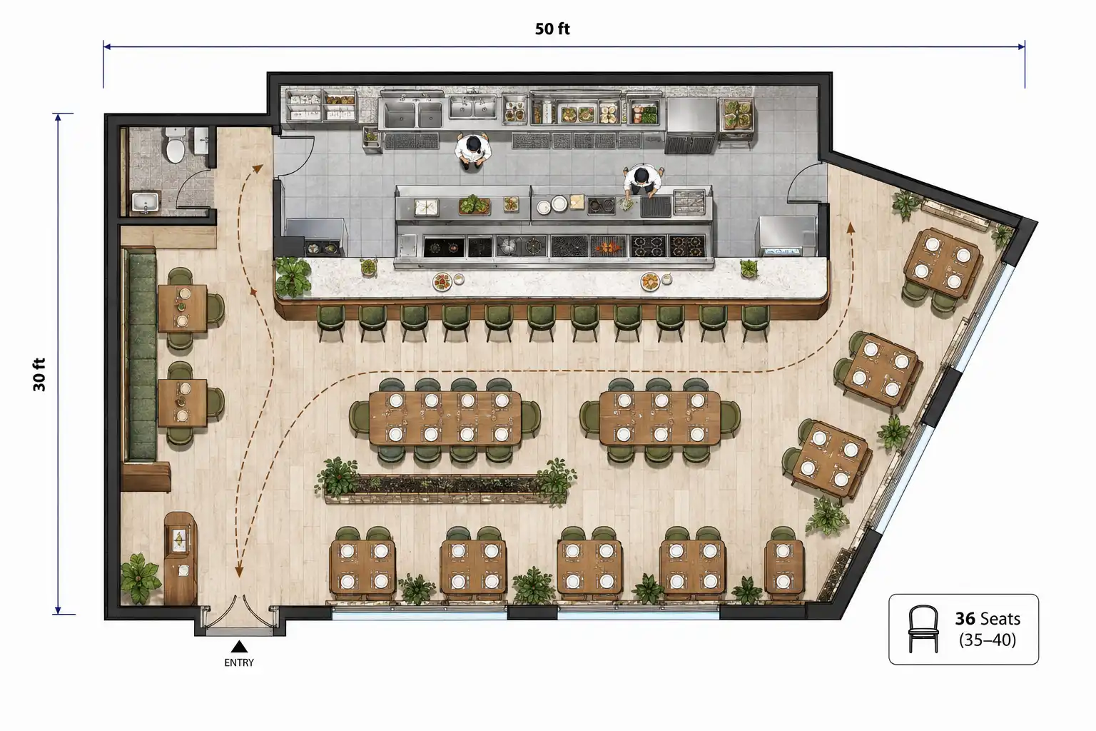 30x50ft Open Kitchen Restaurant Layout