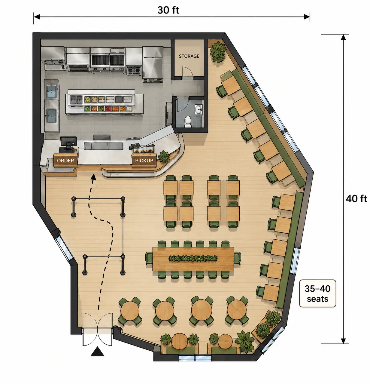 30x40ft Fast-Casual Restaurant Layout