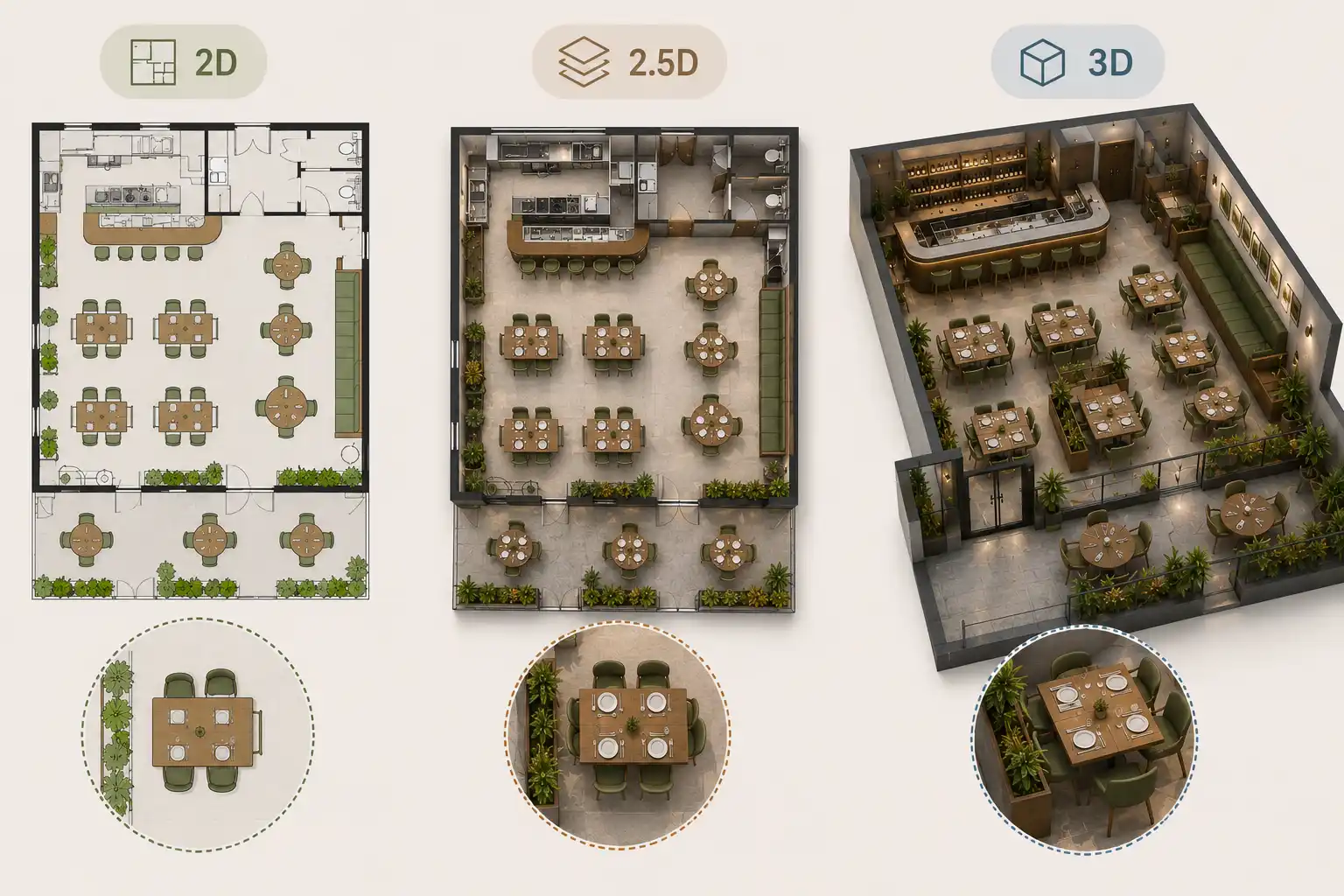 Visualize Restaurant Spaces In 2D, 2.5D, And 3D