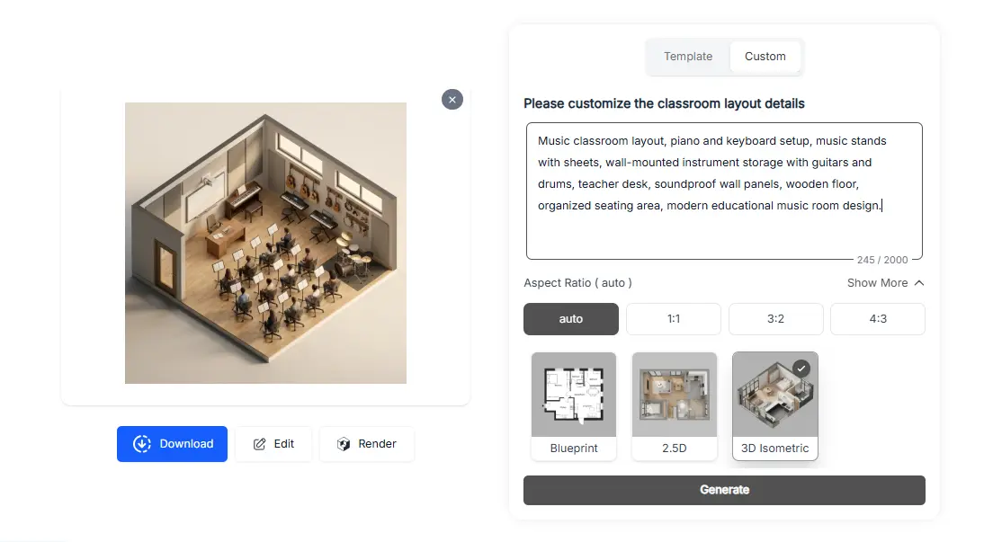 Custom classroom layout created with a prompt