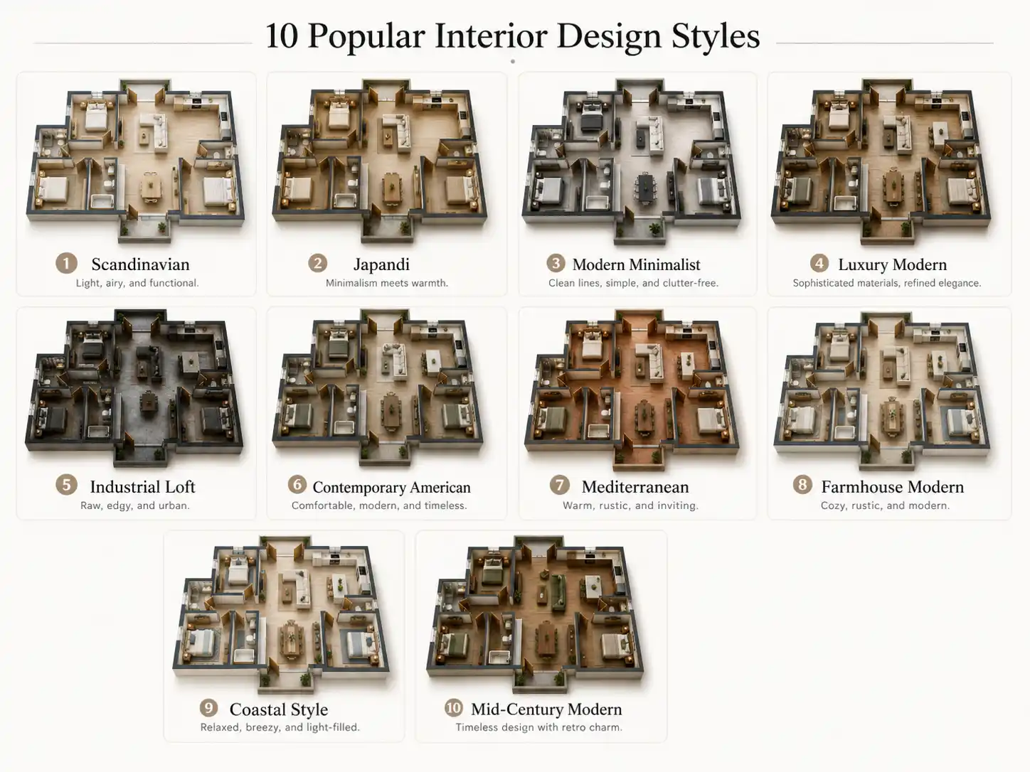 10 popular interior design styles for floor plan rendering