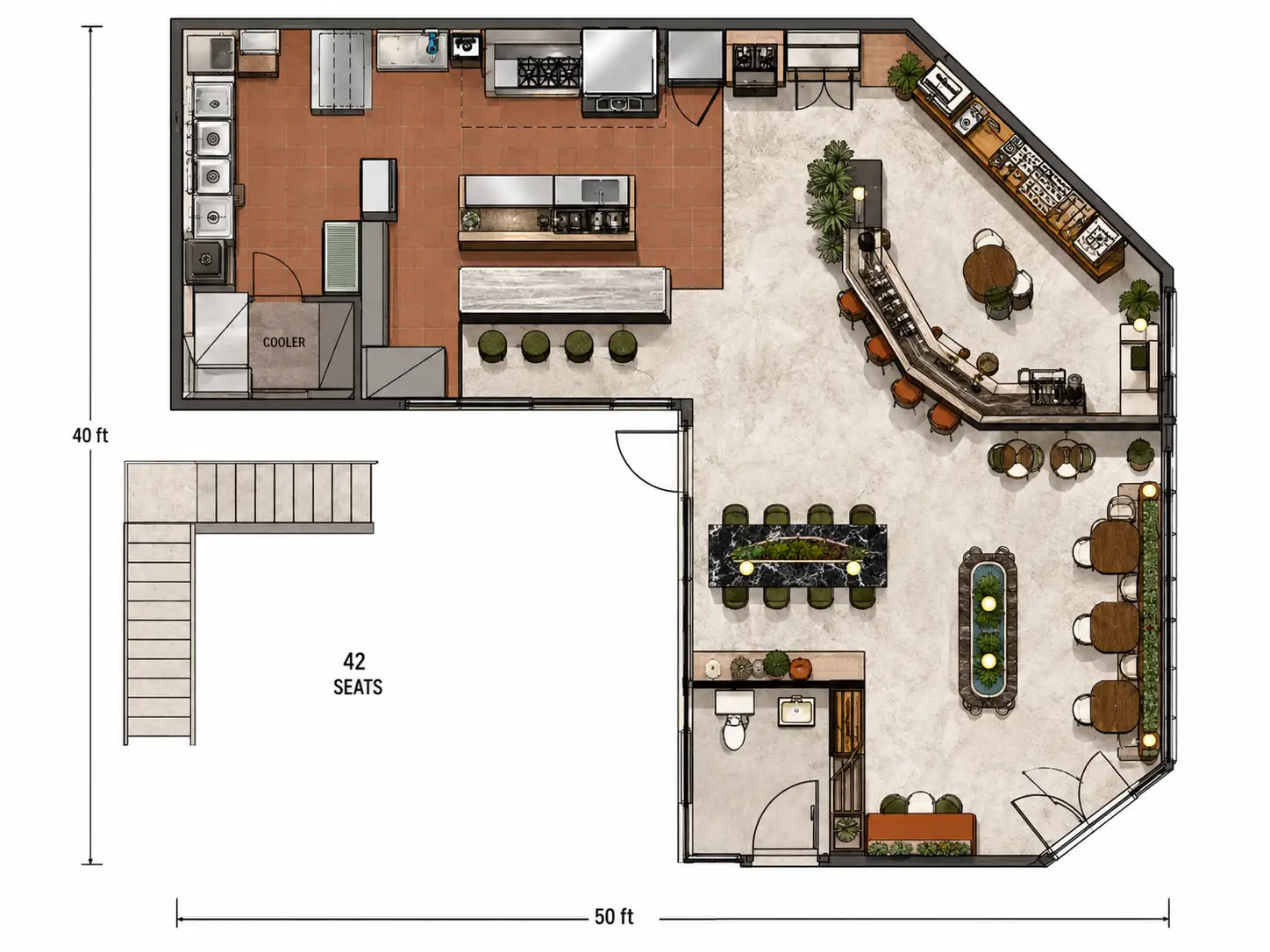 40x50ft L-Shaped Restaurant Layout