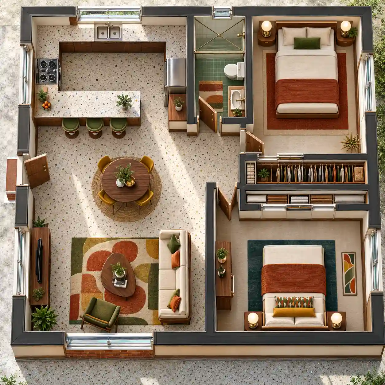 Mid-Century Modern Style 3D Floor Plan Rendering Image