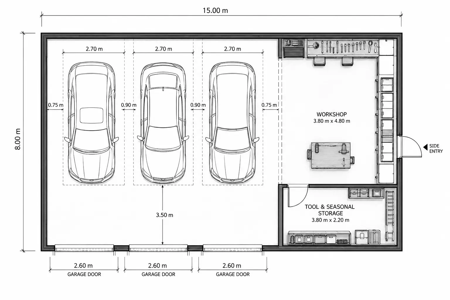 8x12m Three Cars Garage