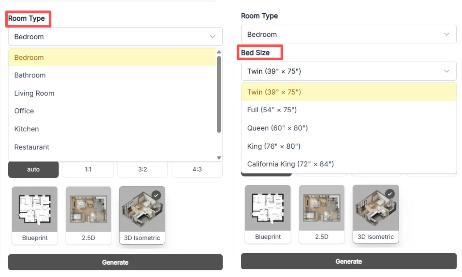 Select room type and layout for floor plan generation