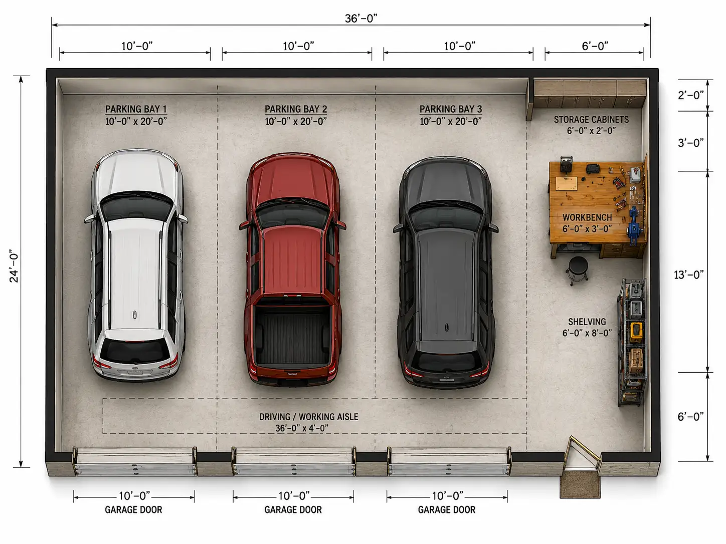 3 Car Garage 2.5D Floor Plan