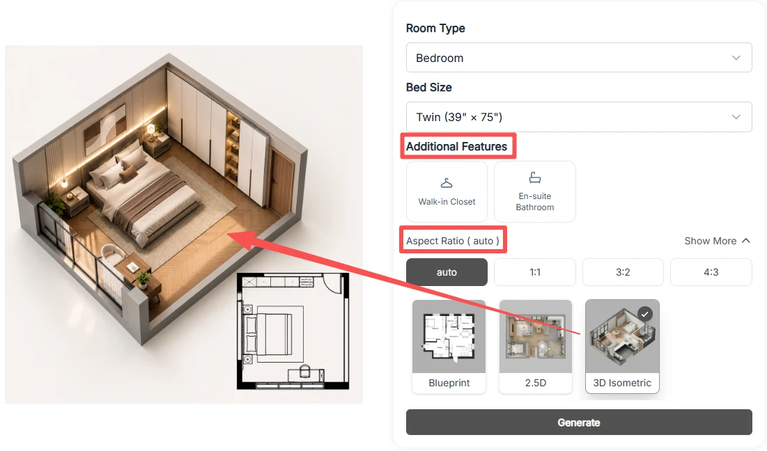 Customize room floor plan dimensions and features