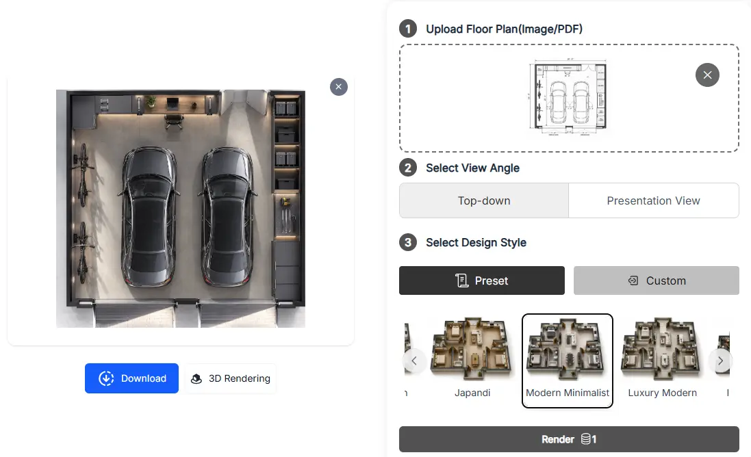 3D garage rendering screenshot