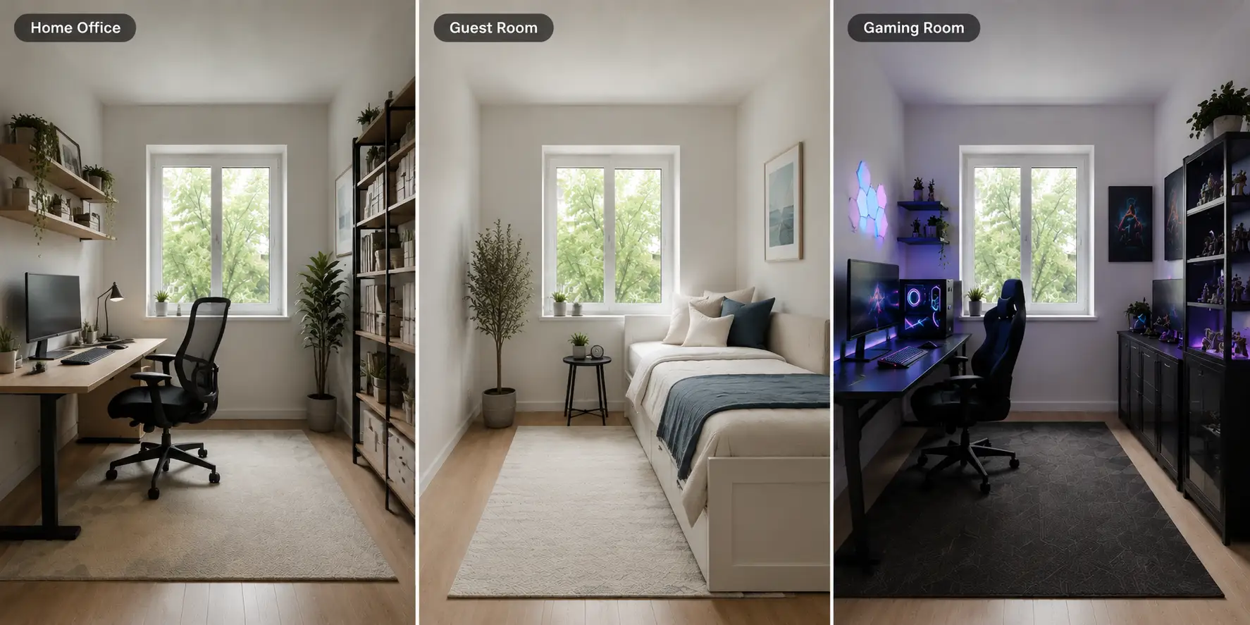 A small room can be converted into a study, guest room, or e-sports room
