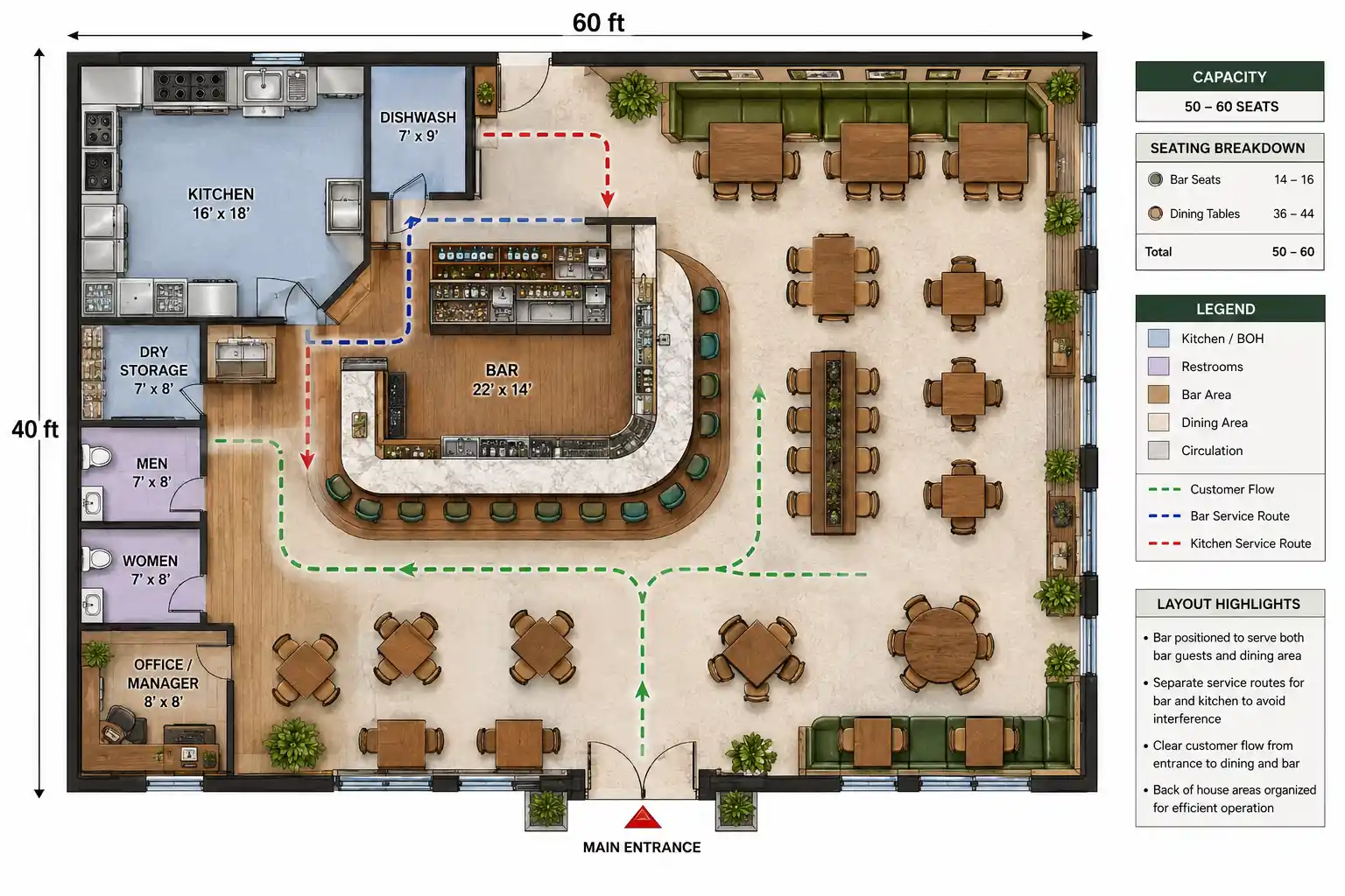 40x60ft Bar & Restaurant Layout