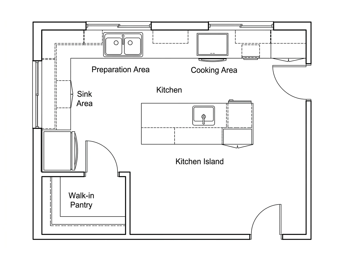 Kitchen floor plan with island and pantry