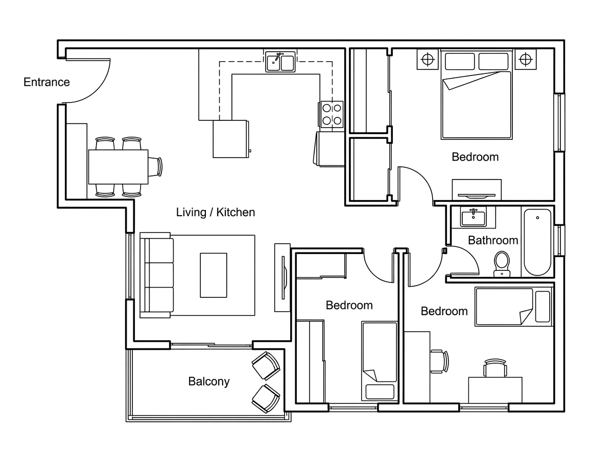 Apartment floor plan with open layout